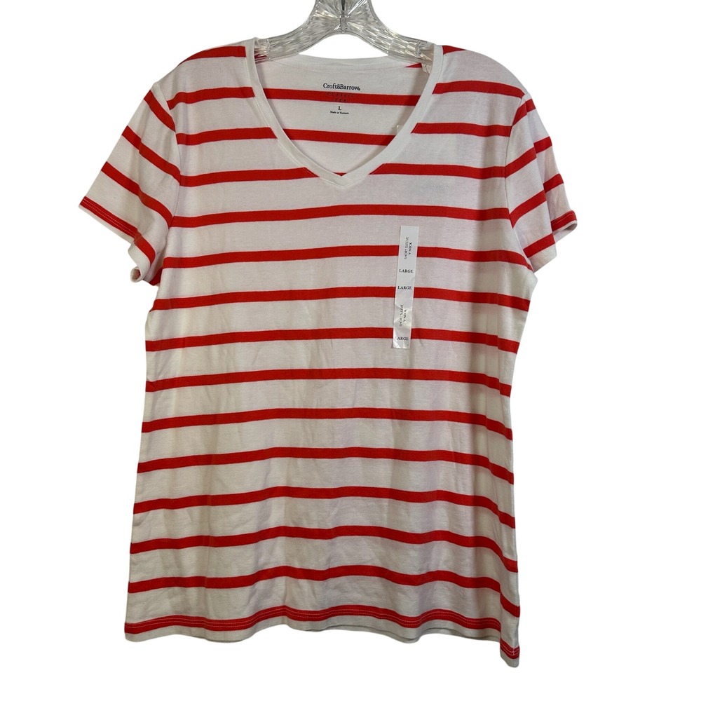 Croft & Barrow Womens Red White Striped V-Neck Cotton Classic Tee Large